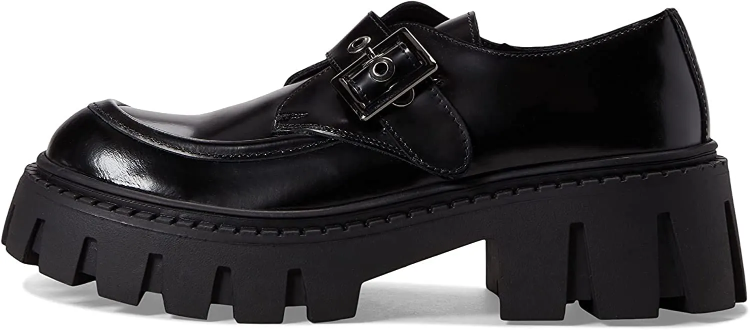Steve Madden Henna Black Box Slip On Rounded Toe Chunky Heel Fashion Loafers