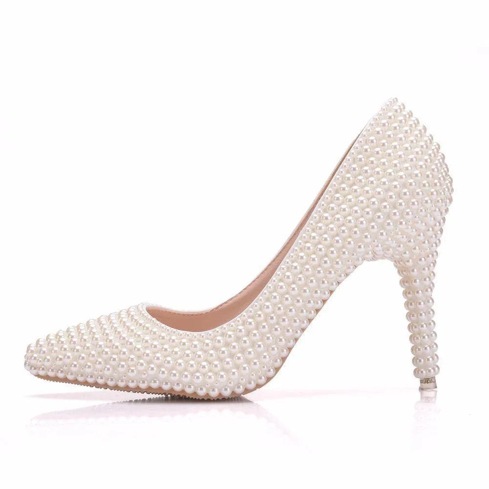 White imitation pearls wedding stiletto heels 3.5"